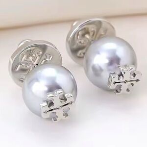 Tory Burch polished silver logo pearl earrings